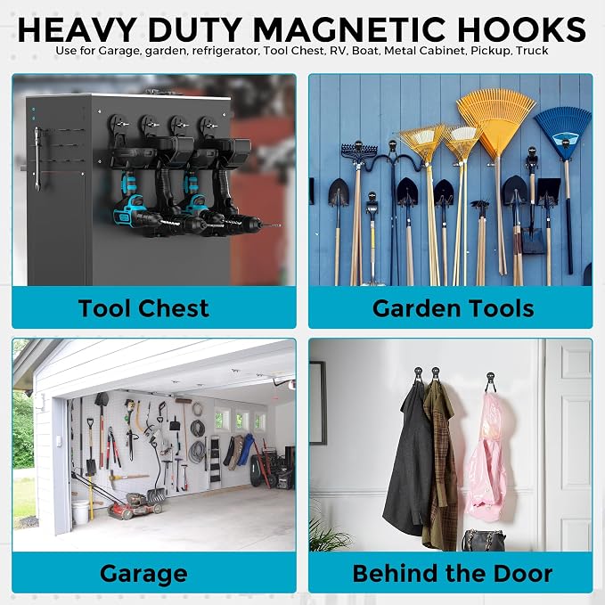 4 Pack Large Strong Magnetic Hooks Heavy Duty Garage Big Magnet Hooks Extra Strength Magnetic Utility Storage Hook Hanger with Anti Slip Coating for Garden Indoor Outdoor Hanging Tools Black - Image 7