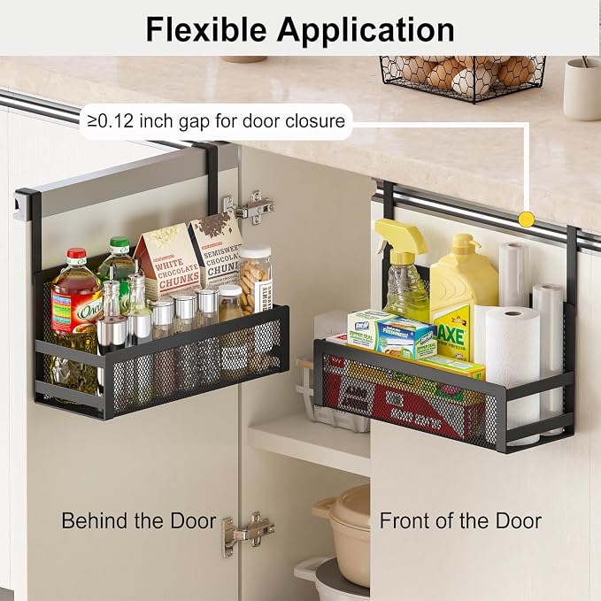 Hanging Desktop Baskets Fine Mesh Wire Storage Basket Over Cabinet Door Organizer No Drilling Required for Kitchen Bathroom Office, 1 Small, 1 Large, Black - Image 4