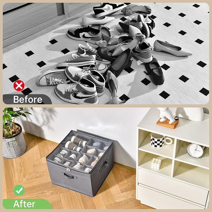 INSTY 2 Pack Shoe Organizer for Closet, Fits up to 32 Pairs, Adjustable Dividers for Shoe Storage, Fabric Shoe Storage Bins with Clear Cover, Grey - Image 4