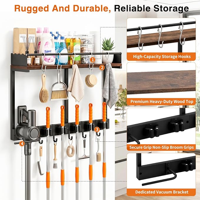 Broom Holder Wall Mount, Broom and Mop Organizer Wall Hanging with Vacuum Stand and & Hooks, Heavy Duty Laundry Organization & Storage, Utility Racks with Wood Shelf & Guard (L) - Image 4