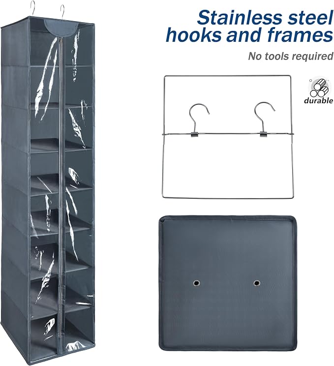8 Tier Clear PVC Hanging Organizer With Zipper, Sweater Storage Shelves With Cover, Shoe Organizer for Closet, Grey - Image 6