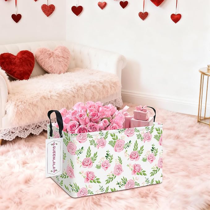Rectangular Collapsible Laundry Basket with Side Handles, Pink Roses - Image 4
