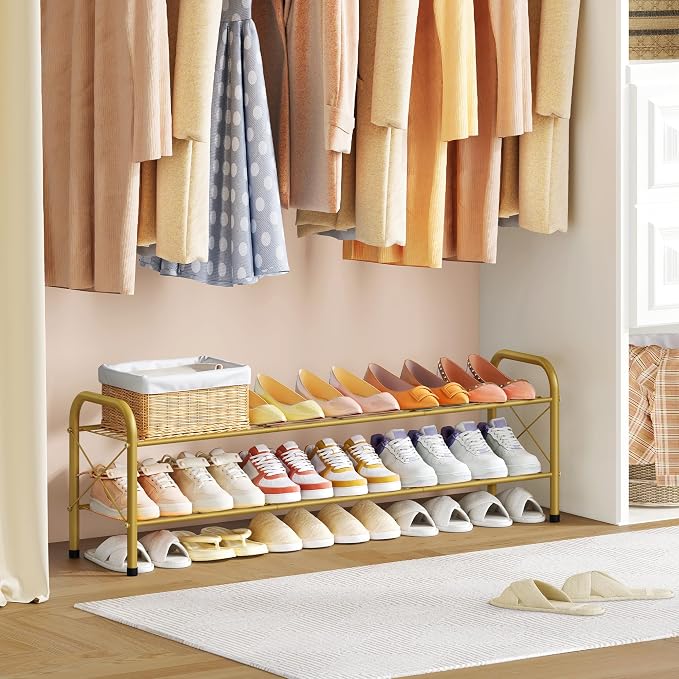 Hoctieon 2 Tier Shoe Rack for Closet, Durable Mesh Style Shoe Rack, Entryway Shoe Shelf, Shoe Storage Organizer for Hallway, Bedroom, Living Room, Wardrobe, Gold - Image 6