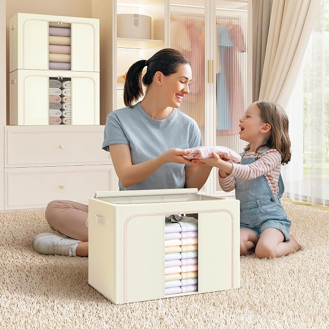 Clothes Storage Bins with Metal Frame, Foldable Clothes Organizers Storage Containers for Clothes, Sheets, Blankets, Pillows and Towels (66L, 3 Pack) Beige - Image 7