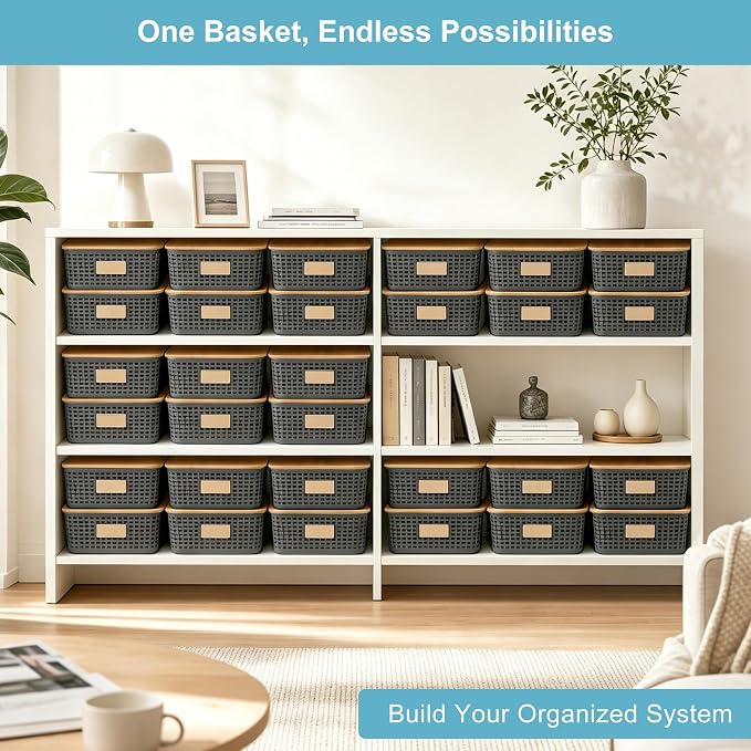 Bagnizer 4 Pack Plastic Storage Bins with Bamboo Lids, 6.2qt Stackable Storage Organizer Box with Lable for Pantry Shelves Drawers Desktop Office, 12"L x 8.3"W x 3.5"H, Gray - Image 6