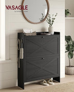 VASAGLE Narrow Shoe Storage Cabinet Organizer with 2 Flip Drawers | Freestanding Shoe Rack, Fits 14 to 16 Pairs, for Entryway, Farmhouse Style, Smoky Black, HAINS Collection UHSC203BJ01S - Image 3