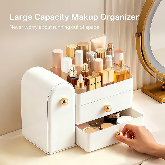 HBlife Makeup Organizer Countertop with Drawers, Vanity Organizers with Brush Holder, Bathroom Counter Organizer for Perfume, Nail Polishes, Lipsticks, Skincare and Eyeshadow Palettes, White - Image 4