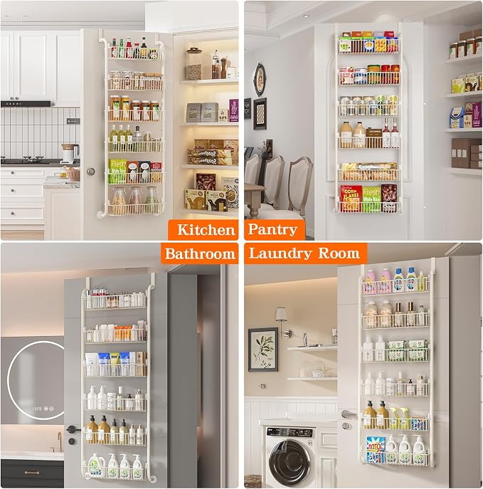 MIAOLI Over the Door Pantry Organizers and Storage, 6-Tier Spice Rack, Home & Kitchen Storage Shelves for Cabinet, Large Capacity Hanging Seasoning Organizer, Laundry Room Organization, White - Image 7