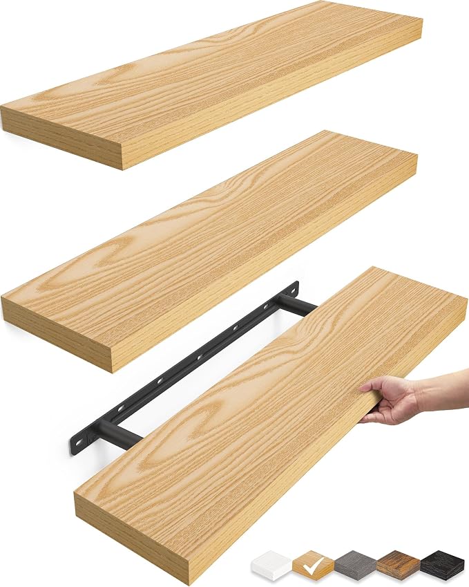 BAYKA Light Oak-Toned Floating Shelves 22.5in, Set of 3, Wall Mounted Shelf by Bayka