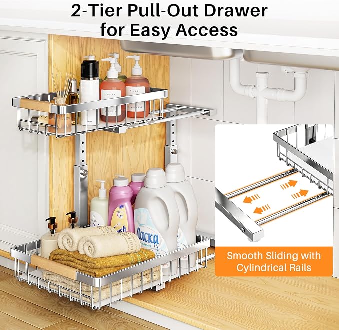 PXRACK Under Sink Organizer, Adjustable Height, 2 Tier Pull Out Cabinet Organizer, Slide Out Thickened Metal Storage for Kitchen Bathroom Laundry Pantry Cabinet, Stainless Steel, Silver, Large-1-Pack - Image 3