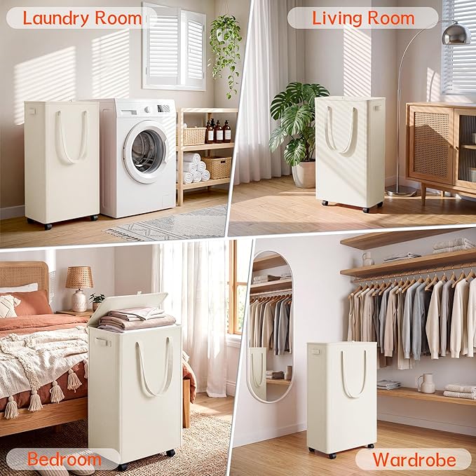 Slim Laundry Hamper with Wheels,20 Gal (75L) Rolling Laundry Basket with lid and wheels Clothes Hamper Foldable Tall Dirty Clothes Basket Sturdy Collapsible Clothes Hamper for Dorm,Laundry Room - Image 6