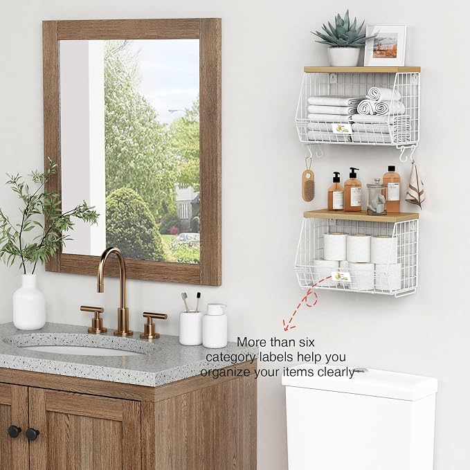 Goozii White Fruit Storage Basket for Kitchen Counter Set of 2, Wall Mount Wire Fruit Basket with Shelf with Banana Hanger, Hanging Countertop Organizer for Bathroom Pantry Cabinet, White + Natural - Image 4