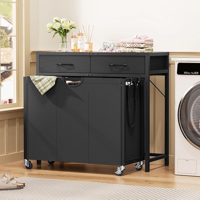 Laundry Sorter, Rolling Laundry Hamper with 3 Section Pull-Out Bags, Laundry Basket Organizer with 2 Drawers & 2-Tone Top Panel, Laundry Hamper with Wheels for Laundry Room Organization, Bathroom - Image 8