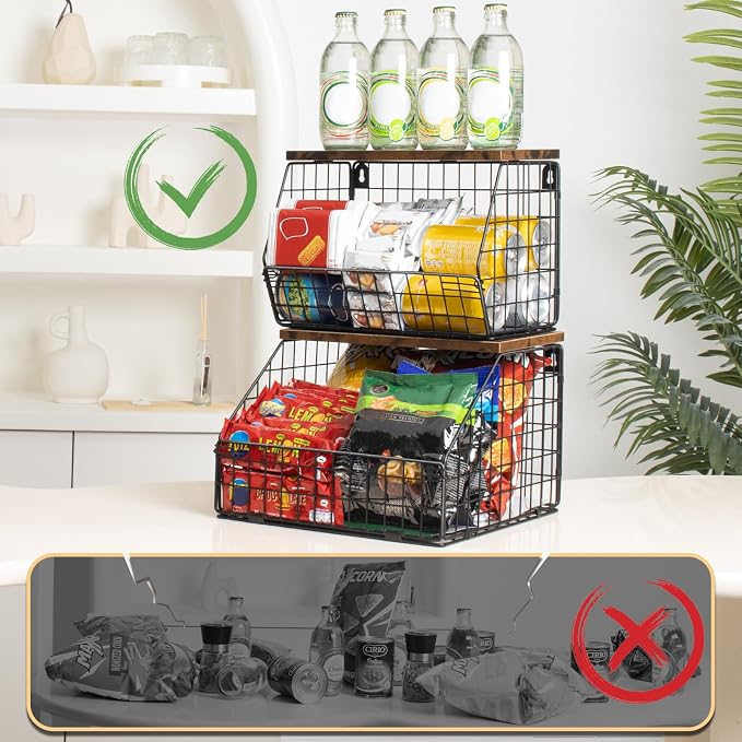 Mefirt Fruit Basket, Stackable Wall Mounted Fruit Baskets, Potato Baskets Onion Storage for Kitchen, Hanging Wire Basket with Wood Lid, 2-Tier Vegetable Organizer Kitchen Countertop Organization - Image 7