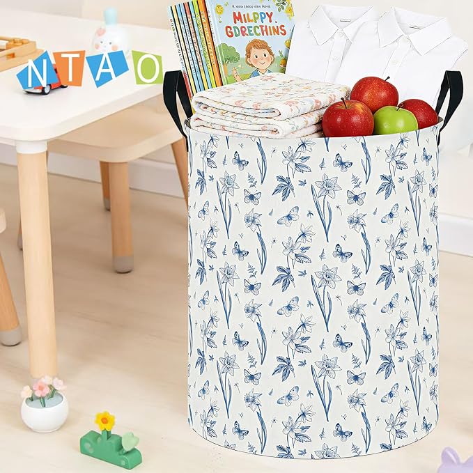 62L Blue Floral Butterfly Waterproof Laundry Hamper with Durable Leather Handle,Kids Collapsible Storage Basket for Nursery,Playroom, Bedroom(Indigo Flowers） - Image 5