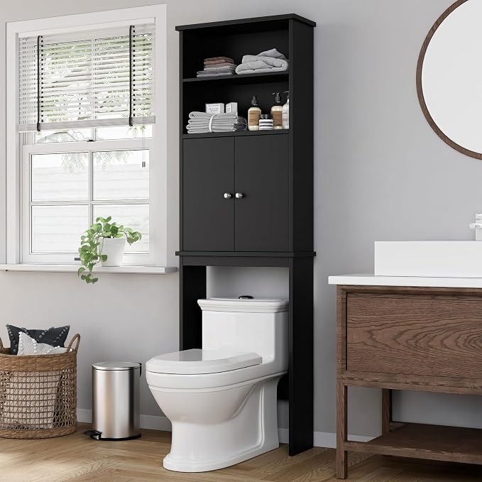 Shintenchi Over the Toilet Storage Cabinet, Bathroom Above the Toilet Rack, Bathroom Adjustable Shelf Organizer with Open Bottom Bar and Anti-Tip Device, Black - Image 3