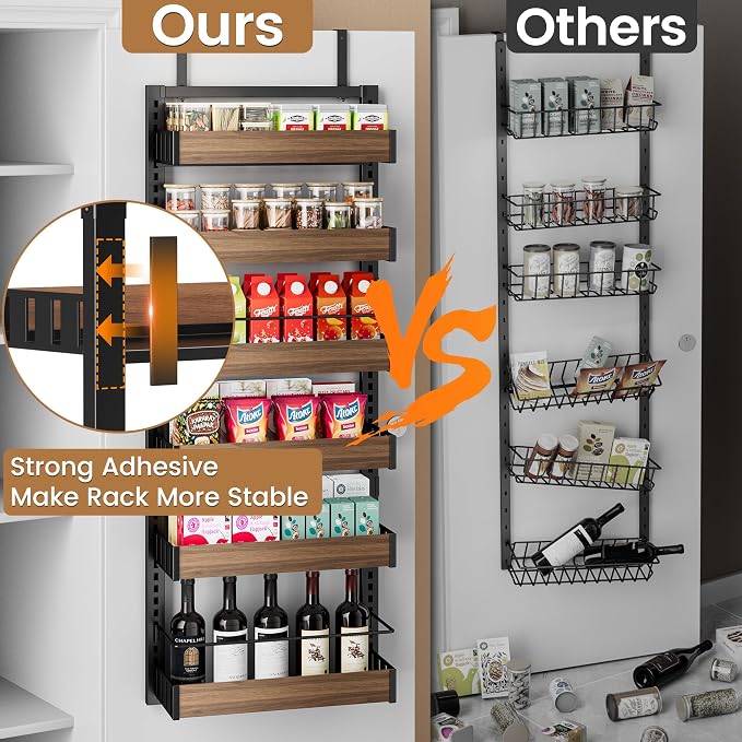 POKIPO 6 Tier Over The Door Pantry Organizer, 2-in-1 Door Hanging or Wall Mounted Spice Rack, Large Heavy Duty Pantry Door Storage Seasoning Shelves with Adjustable Basket for Kitchen Bathroom Closet - Image 5