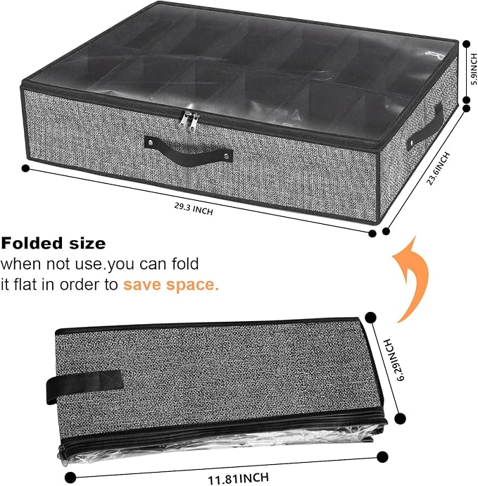 homyfort Under Bed Shoe Storage Organizer for Closet Fits 24 Pairs-Sturdy Underbed Shoe Storage Box Bins,Set of 2 (Linen-like Black) - Image 2