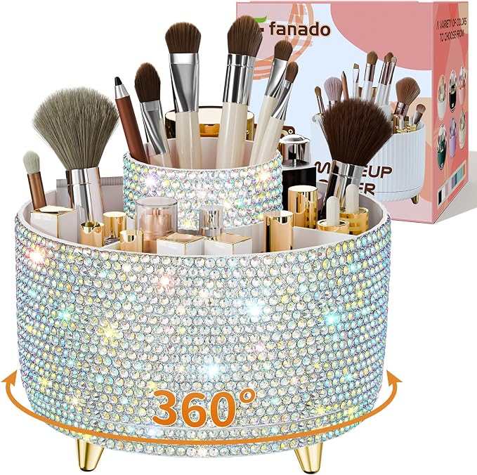 fanado Bling 360° Rotate Makeup Brush Holder Organizer, Makeup Organizers Countertop, Makeup organization and Skincare Storage for Vanity, Gift for Women Girls (Bling dz-White AB) by Unknown