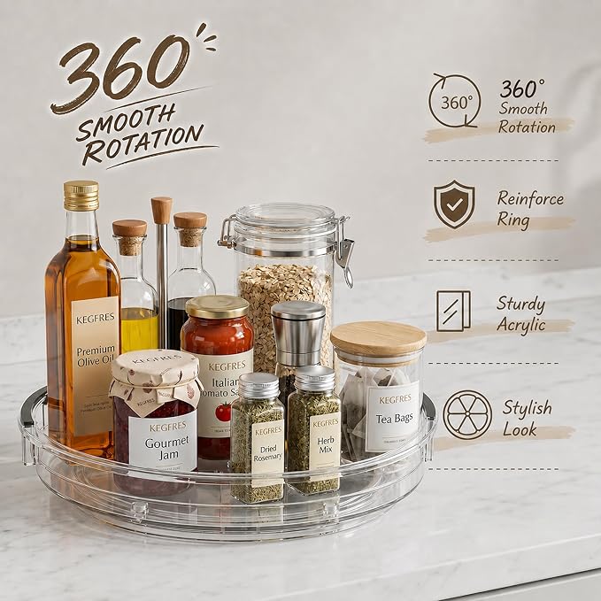3 Pack Lazy Susan Organizer, Rotating Turntable Spice Rack for Kitchen Storage, Pantry, Cabinet, Fridge & Countertop, Condiment & Seasoning Holder, 9.25", 10.6", 12", Clear - Image 3