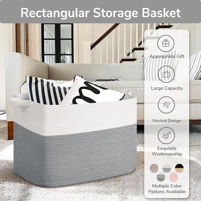 Goodpick 105L Extra Large Woven Rope Blanket Basket, Rectangle, Gray - Image 7