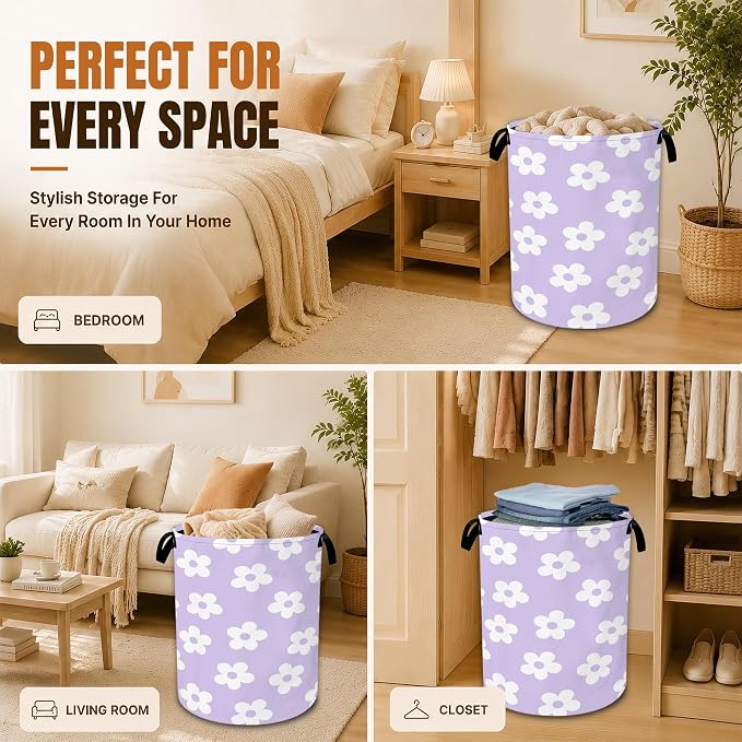 Floral Laundry Basket with Handles,Purple Foldable Oxford Clothes Hamper with Groovy Flowers, Portable Dirty Clothes Storage Bucket for Laundry Room Bedroom Bathroom Dorm Decor,20.8x16 Inch - Image 7