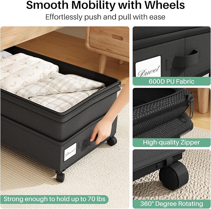 Kitstorack 4 Pack Height-adjustable Under Bed Storage with Wheels, Under Bed Storage Containers,Under Bed Shoe Storage Organizer with Clear Window&Label, Suitable for Clothes Storage, Black - Image 4