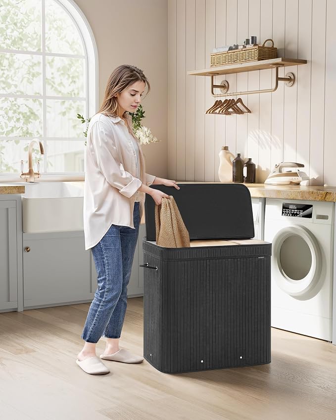SONGMICS Bamboo Laundry Hamper with Lid, 39.6-Gallons, with Handles - Image 2