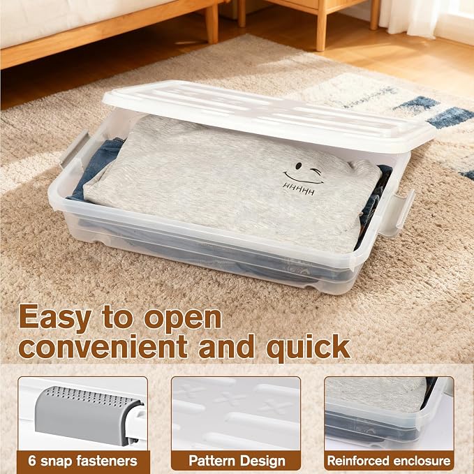 4 PCS*37 Qt Wheeled Latching Under Bed Storage, Stackable Bin with Latch Lid, Plastic Container to Organize Shoes Underbed, Clear with White Lid(White) - Image 5