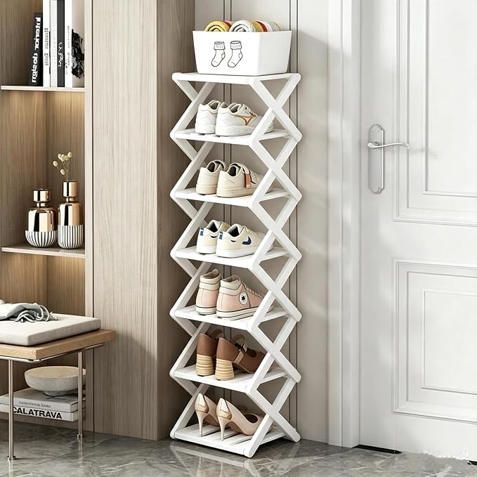 7 Tier Foldable Shoe Rack, Bamboo Vertical Shoe Organizer Tall for Multifunctional Narrow Shoe Shelf for Entryway, Closet, Corner, Bedroom, Hallway(White) by XZXWZX