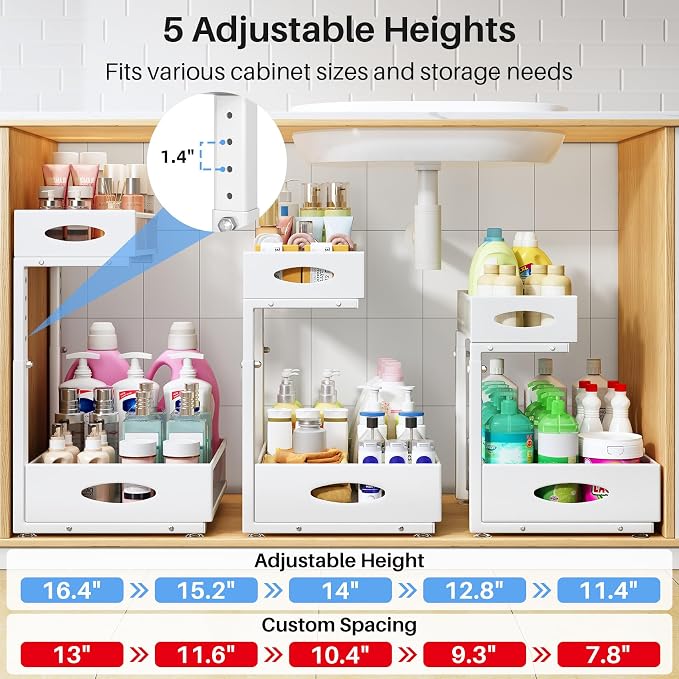 Under Sink Organizer, 2 Pack 2 Tier Pull Out Under Cabinet Organizer Shelf with Pad for Framed Cabinets, Metal Slide Out Under Sink Storage, Mesh Sliding Drawers for Kitchen Bathroom Laundry, White - Image 6