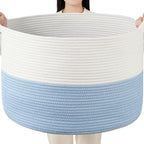 Foldable Laundry Hamper Basket with Collapsible Handle Cotton Rope Soft Woven Fabric Storage Organizer Clothes Toys Nursery Bedroom Dorm Space Saving Bin (White & Blue, 80L(21.7"D x 13.8"H)) by BEVOVBE