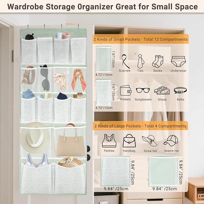 16 Pockets- Over Door Hanging Storage Organizer with 4 Kinds Pouch,Behind Closet Hanging Shelf Holder for Sock,Hat,Underwear,Travel Outfit,Shoes,Back of Door Space-saving Organization for Home,Dorm,RV - Image 8