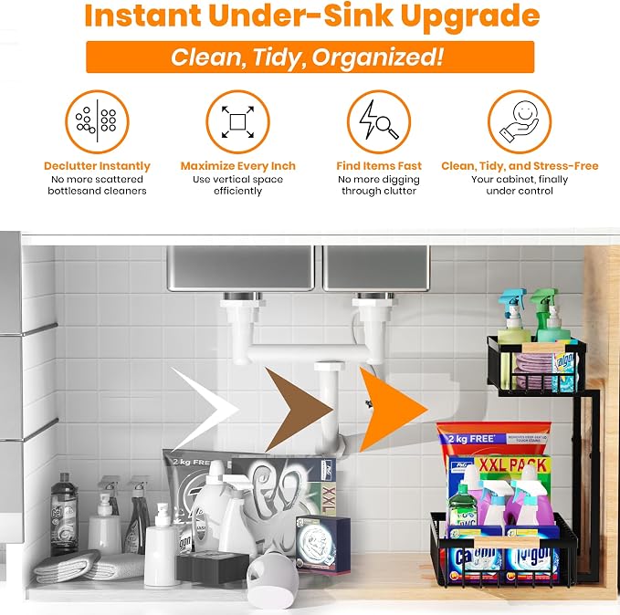 Under Sink Organizer, 2-Tier Pull-Out Cabinet Organizer – Adjustable Height, Left or Right Install – Smooth Slide-Out Drawers, Heavy-Duty Metal Rack for Kitchen & Bathroom, 1 Pack - Image 5
