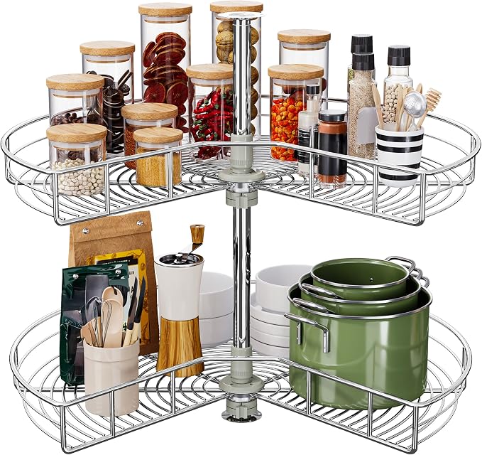 DWVO 28″ Kidney 2-Tier Lazy Susan – Telescoping Mount Corner Cabinet Organizer with Pie-Shelf Design, for Bathroom,Kitchen Cabinet Blind Corners (Chrome, 270° Adjustable) - Image 8