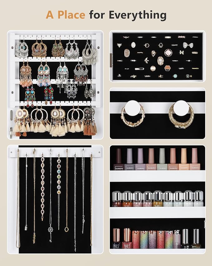 Nicetree Jewelry Cabinet Armoire, Hanging Jewelry Organizers and Storage, Lockable Jewelry Cabinet with Full-Length Mirror, Wall or Door Mount Jewelry Mirror Cabinet, Shelves, Polishing Cloth - Image 7