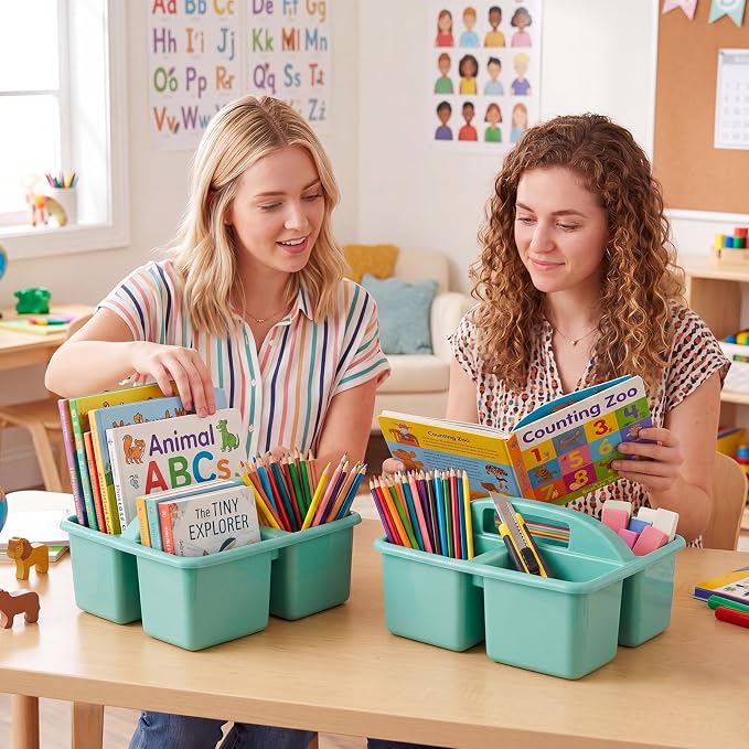 Geelin 6 Pack Classroom Caddy with Handle Plastic Storage Caddy Organizer with 3 Compartments Stackable Desk Caddies Holder Portable Storage Bin for Marker Pencil Crayon School Home Office(Green) - Image 2