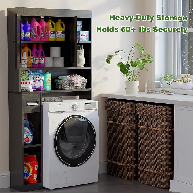 Over The Toilet Storage Cabinet with 7 Shelves, Imitation Walnut Grain Above Toilet Bathroom Organizer with Toilet Paper Holder Stand, Space Saver for Restroom, Laundry, Bathroom (Black) - Image 4