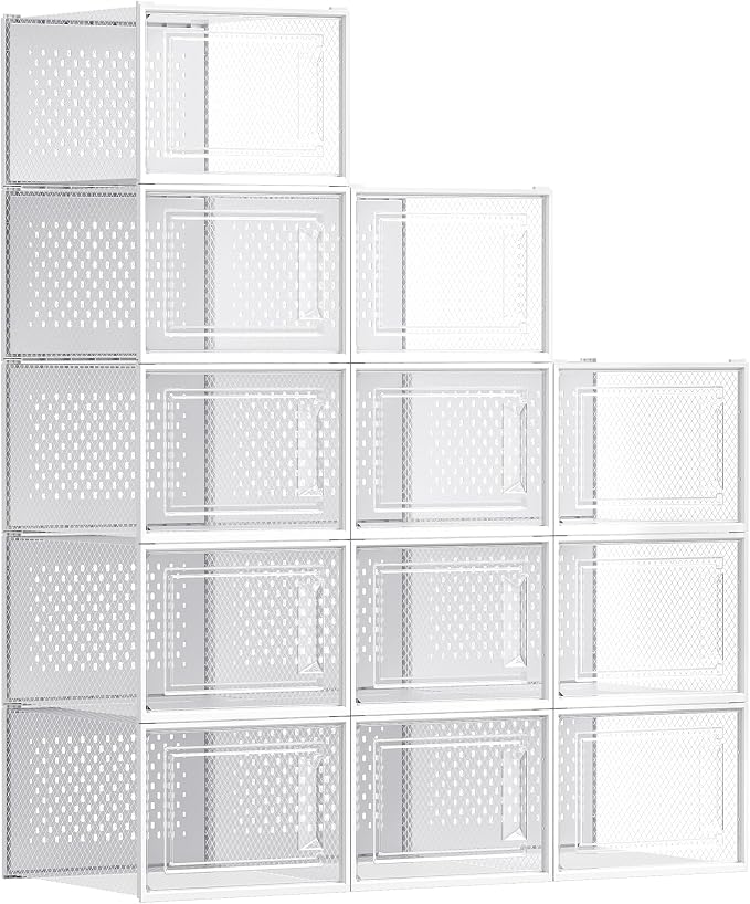 SONGMICS Shoe Boxes, Clear Plastic Sneaker Box, Pack of 12 | Stackable Shoe Storage Organizers, for Closet, 13.1 x 9.9 x 7.4 Inches, Transparent and White, DENNYS Collection ULSP12MWT by Unknown