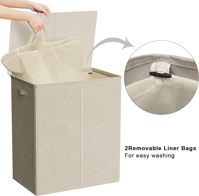 WOWLIVE 154L Double Laundry Hamper 2 Section with Lid and Removable Bags - Image 4