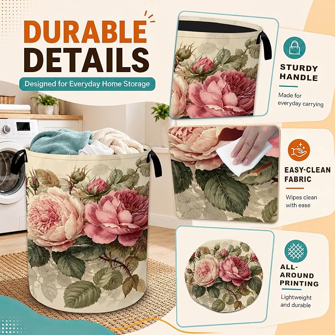Vintage Peony Flower Laundry Basket,Foldable Oxford Laundry Hamper with Handles,Collapsible Clothes Storage Bucket Tote Bag for Laundry Room,Bathroom,Bedroom,Dorm - Image 3