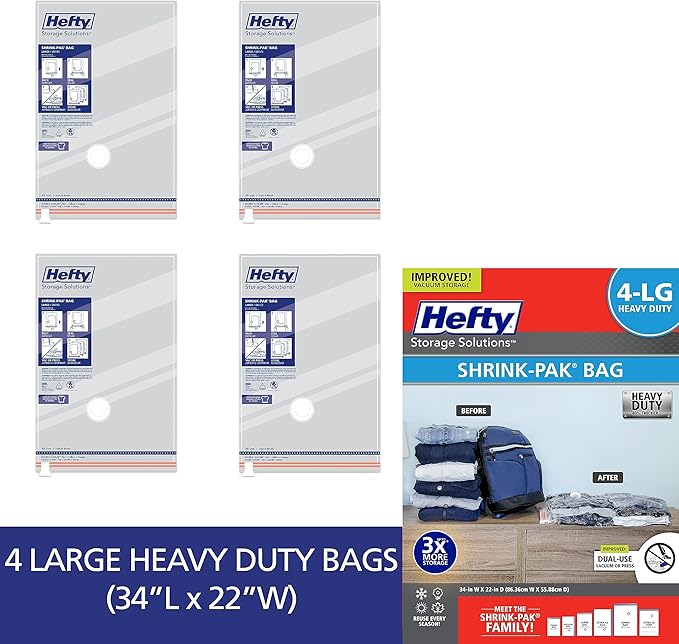 Hefty Vacuum Bags for Clothes 4 Pack, Space Saving Large Vacuum Storage Bags (34 X 22 Inches) Compression Seal for Bedding, Travel Pump Included (4 Large Heavy Duty) - Image 3