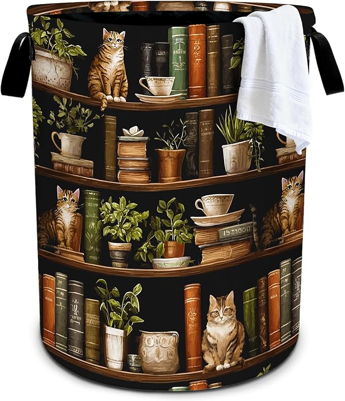 Wooden Bookshelf Cat Laundry Basket Storage Bin Foldable Laundry Hamper Clothes Storage Bucket Organizer 19.6x15.7 Inch For Laundry Room/Bedroom/Bathroom by Bzocm