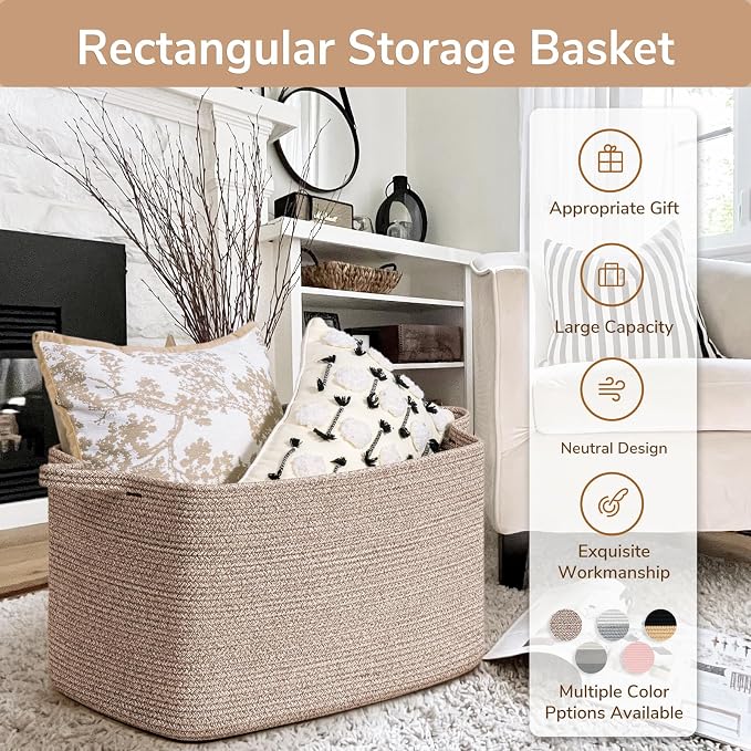 Goodpick 85L Large Woven Rope Blanket Basket, Rectangle, Brown - Image 7
