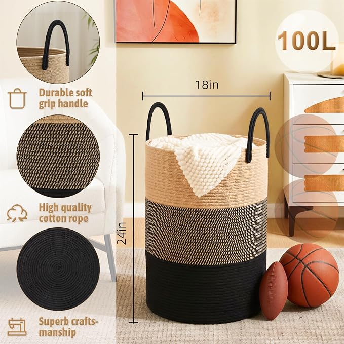 Artfeel Laundry Basket,Woven Cotton Rope Laundry Hamper,100L for Decorative Storage of Dirty Clothes,Toys and Blankets in Bathroom,Bedroom and Living Room - Image 6