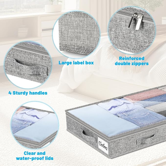 4 Inch Low Profile Under Bed Storage Drawer 4 Pack, Lightweight Underbed Clothes Storage Container Bins With NO STURCTURE, Shallow Storage Bag for Dorm & Home, With Clear Lids & Water-Resistant Fabric - Image 6