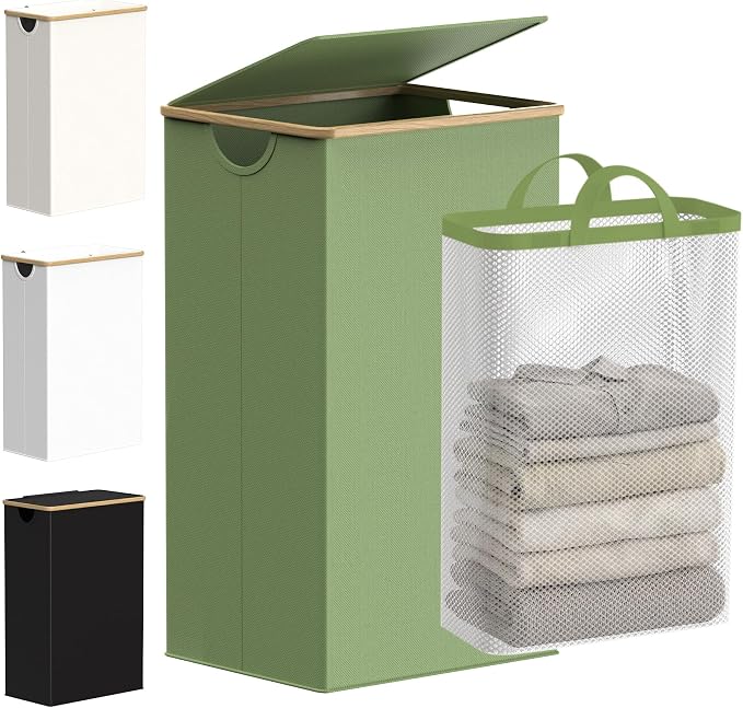 efluky 26 Gal Laundry Basket with Lid and Net Bag, Tall Laundry Hamper with Bamboo Handles, Aesthetic Dirty Clothes Bin for Laundry Room, Bathroom, Bedroom and Dorm, Green by efluky