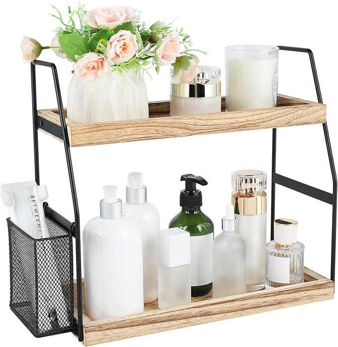 Uneviesyka Bathroom Counter Organizer, 2-Tier Standing Storage Shelf with Basket, Wood Tray for Skincare Vanity Organizer by Uneviesyka