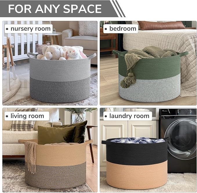 INDRESSME 115L Extra Large Woven Rope Blanket Basket Living Room, Grey - Image 4