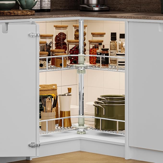 DWVO 28″ Kidney 2-Tier Lazy Susan – Telescoping Mount Corner Cabinet Organizer with Pie-Shelf Design, for Bathroom,Kitchen Cabinet Blind Corners (Chrome, 270° Adjustable) - Image 3